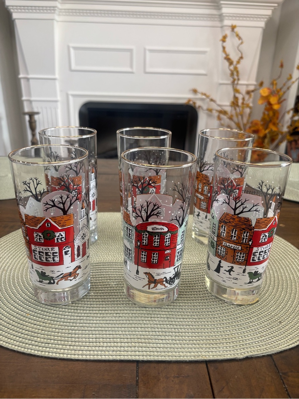 Six vintage Libbey Christmas snow winter horse carriage scene glasses